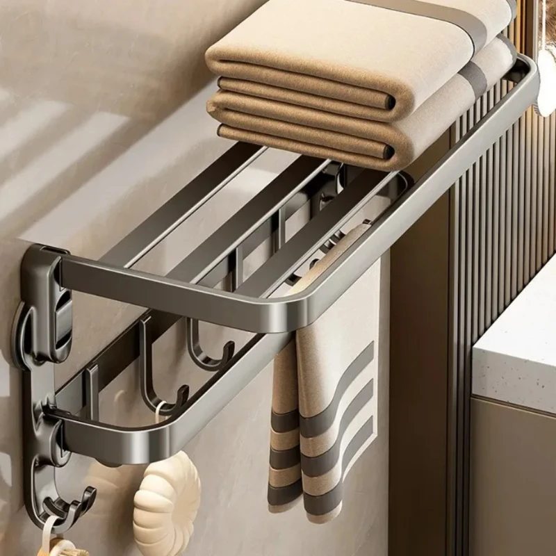 Bathroom Suction Cup Towel Rack, Wall Mounted Foldable Storage Rack, Non Perforated Aluminum Alloy Storage Bracket with Hooks