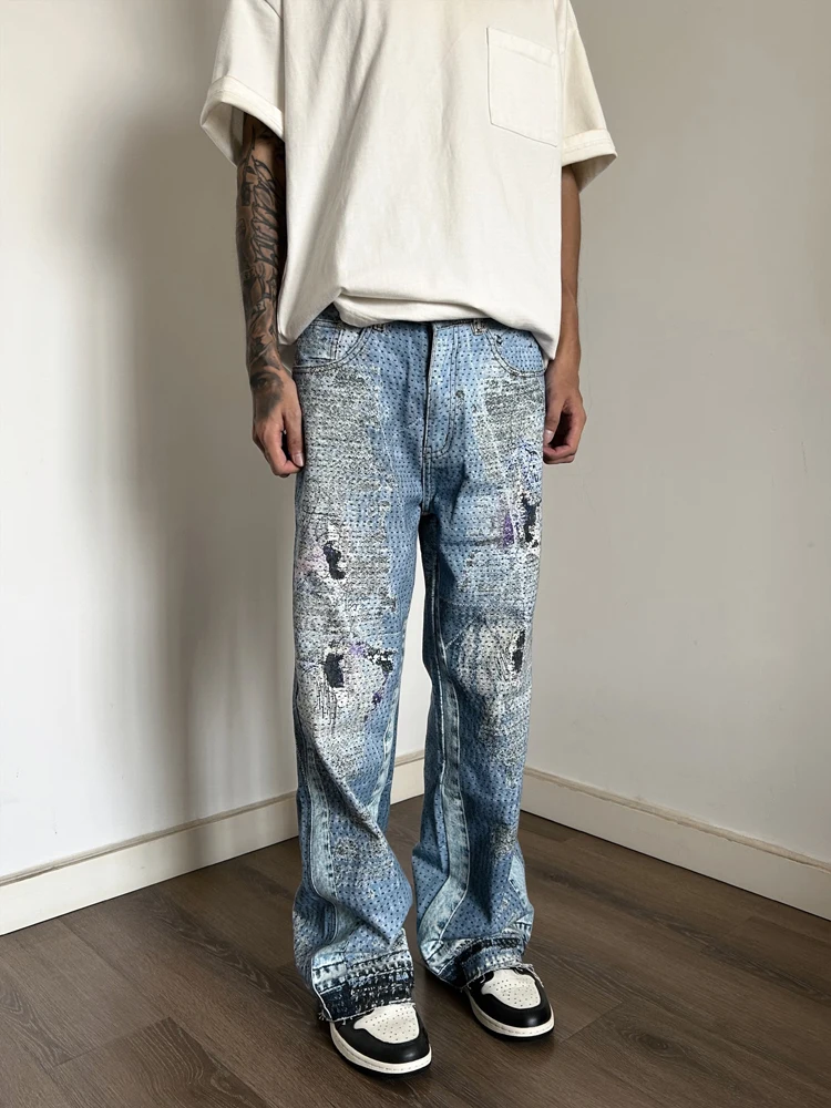 

Мужские джинсы Sevje Vintage с 3D-принтом, свободные, прямые, расклешенные, широкие, повседневные, длинные брюки