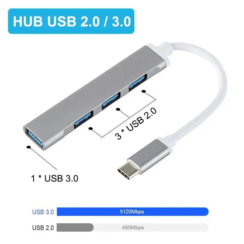 USB Tipo C Multi Portas Splitter, Adaptador OTG, iPhone, Samsung, Xiaomi, Macbook, Telefone, Acessórios para Laptop, 4 em 1, USB 3.0, OTG