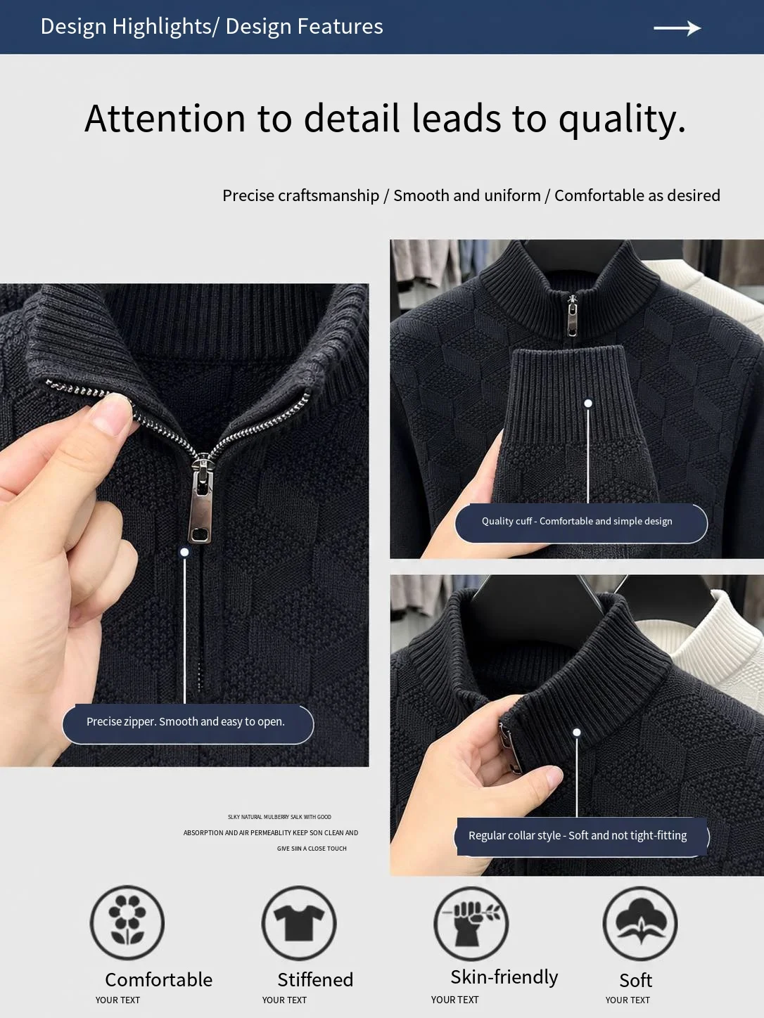 Premium Herren Langarm-Strickpullover mit Stehkragen, Reißverschluss und Hundestickerei, Herbst-Winter Neuheit, Freizeit-Pullover, Gemütlich und Vielseitig – Detail 5