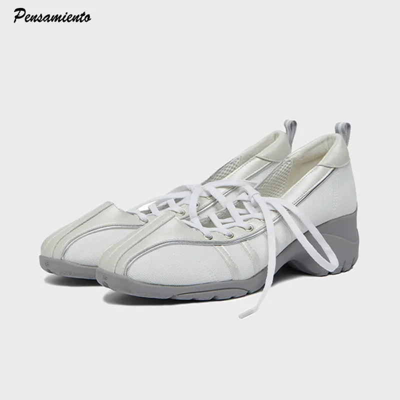 Spring Autumn Fashion Air Mesh Mary Janes Women Ballet Sneakers Casual Breath Sport Walking Loafers 5cm Heeled Vulcanize Shoes