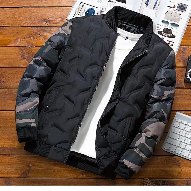 Men\'s Stand Collar Outwear Coat Men Winter Baseball Jacket Camouflage Patchwork Cotton Coats Slim Fit College Warm Jackets MY209