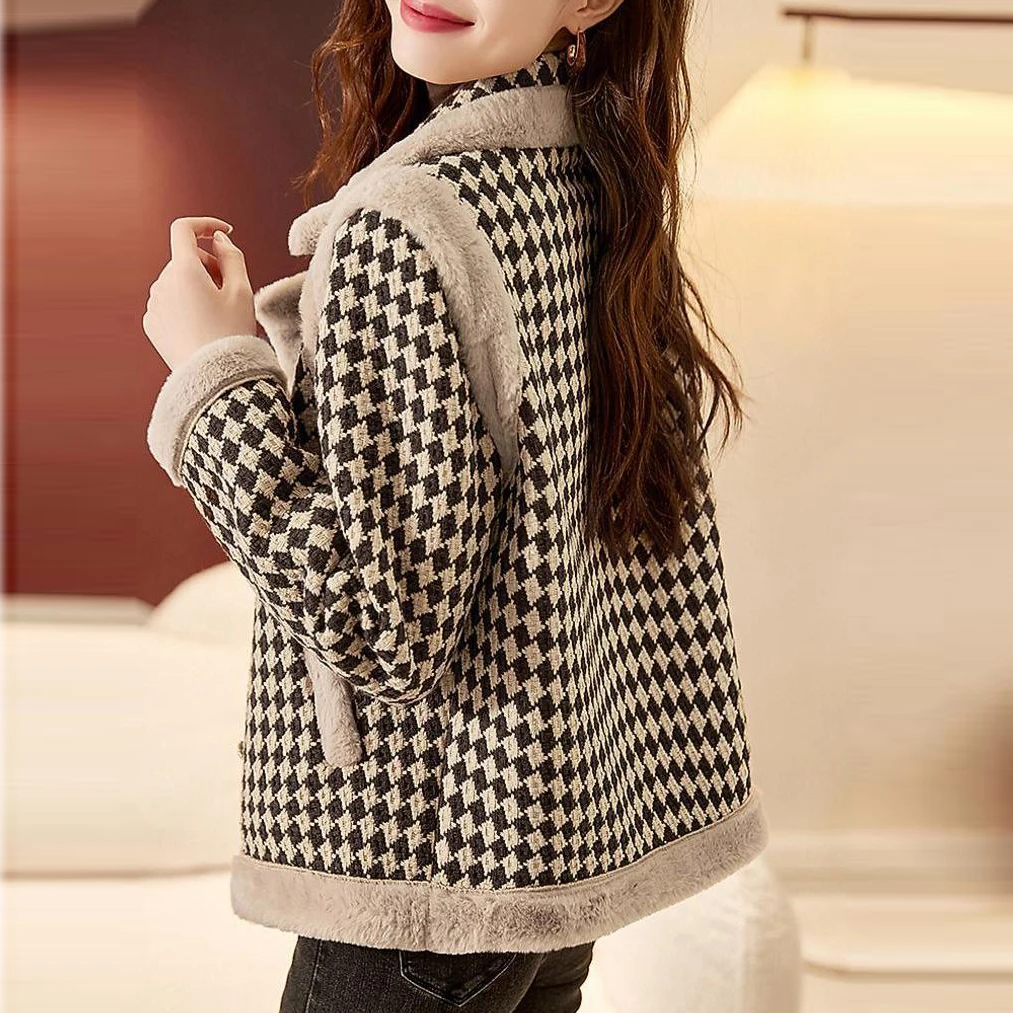 Small Fragrant Fashion Plaid Cotton Jacket 2023 Autumn Winter Turn-down Collar Single Breasted Coat Women's Vintage Casual Coat