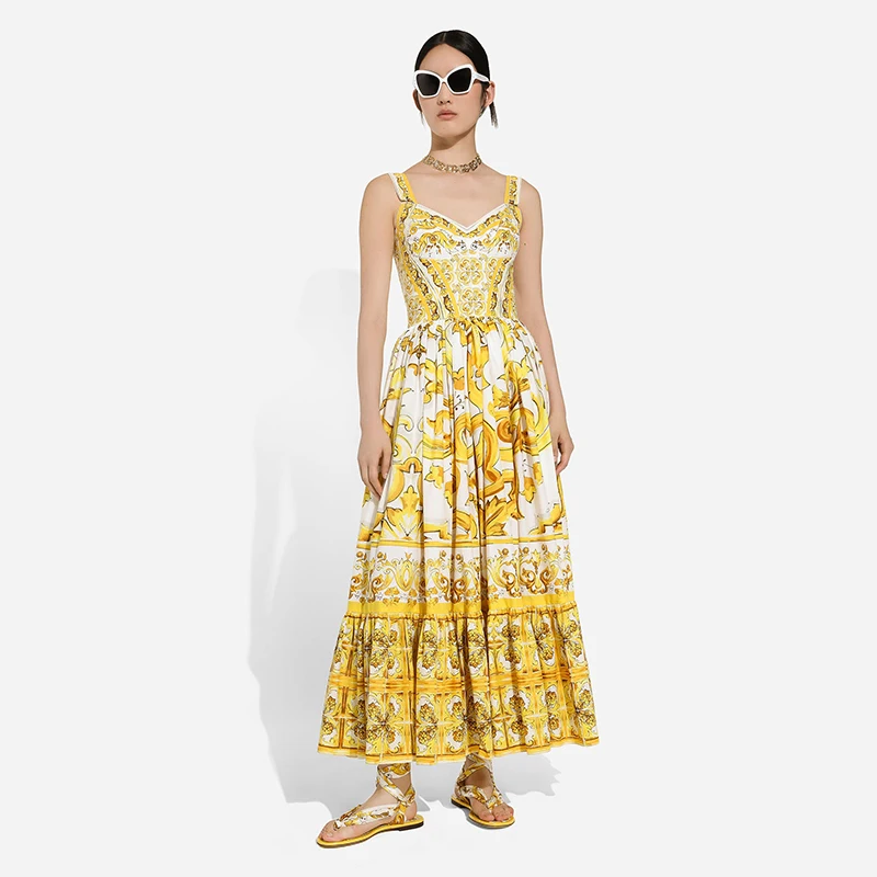 1:1D0cle*2024AW Gold Print Dresses with Neckline for Women Light Luxury Fashion Vintage Dresses High Quality Women's Clothing