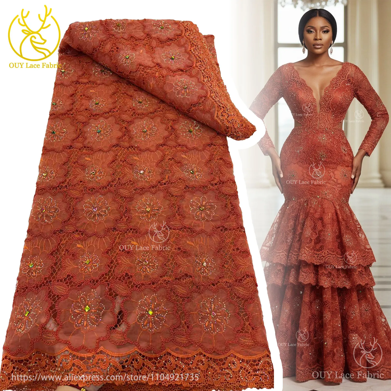 

Оранжевый африканский гипюр, вышитая кружевная веревка, кружевная ткань с камнем, 2022, нигерийская водорастворимая кружевная ткань, вечернее платье