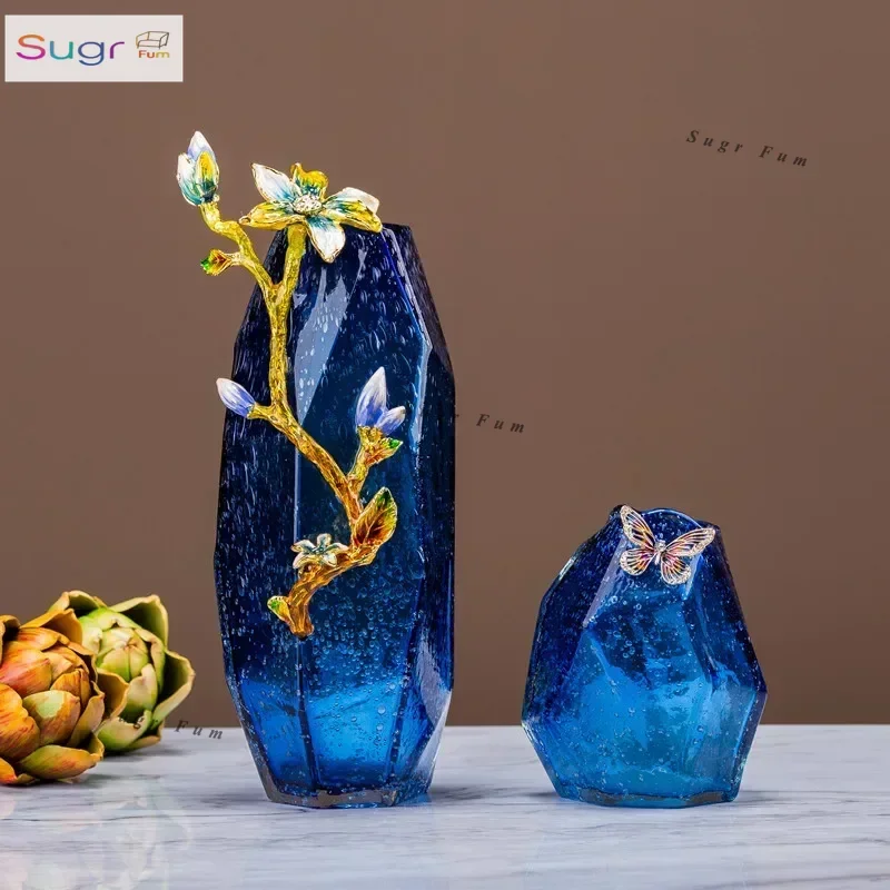 

New enamel colored glass blue vase European-style home living room study villa decoration gift box