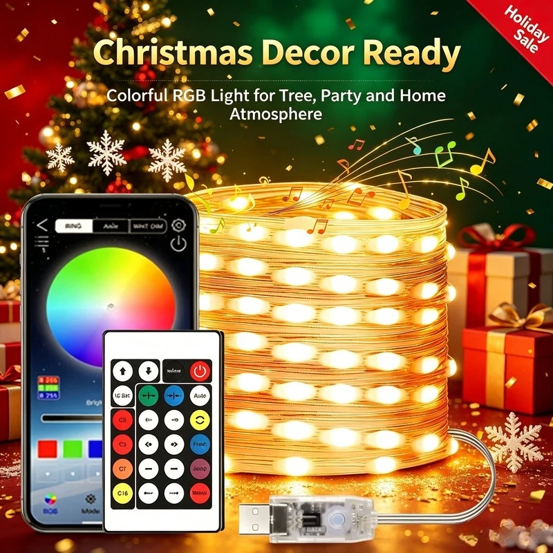 Smart RGB Fairy String Lights 5M/10M/20M, USB App Controlled Waterproof Music & Voice Sync Lights for Christmas Decor