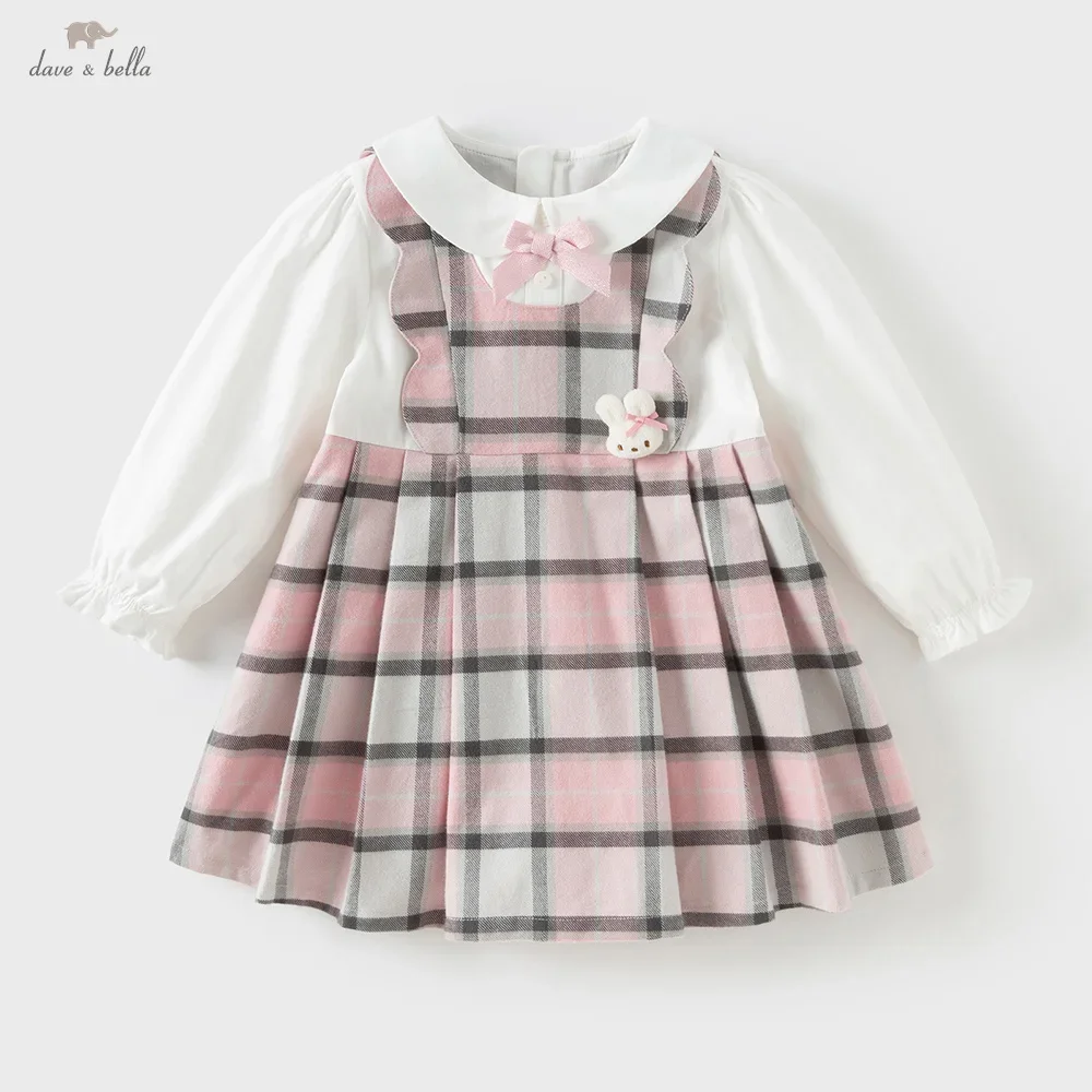 Dave Bella Children's Pure Cotton Dress Autumn Fashion Casual Girls Long Sleeved College Style Kids Plaid Dress Party DB3252638