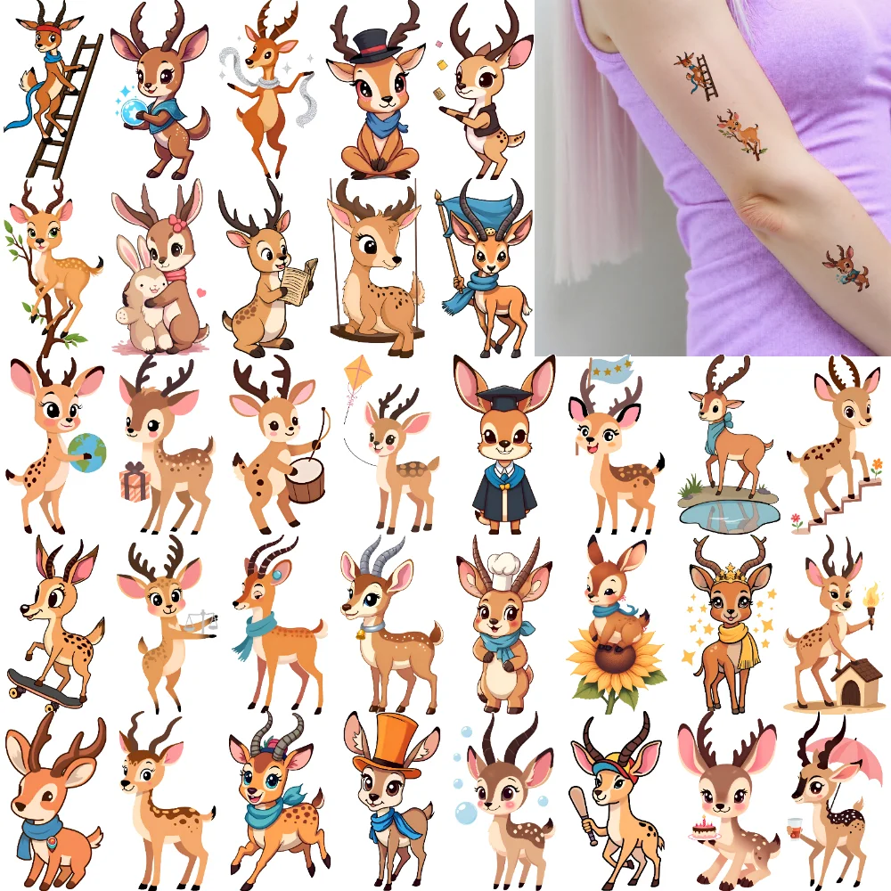 

54pcs Temporary Tattoo Cartoon Animals Cartoon Deer Characters Waterproof Long-lasting Body Stickers For Cheeks Shoulders