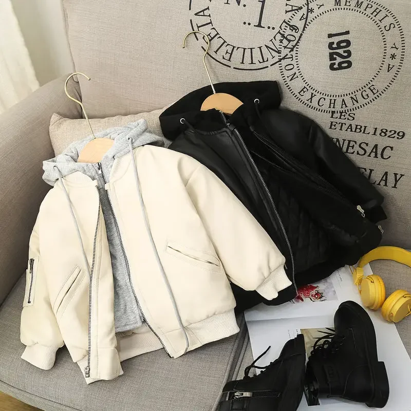 

2024 Fashion Autumn And Winter Child Coat Waterproof Baby Boys Leather Jackets Warm thick Hooded Children's Clothing TZ29