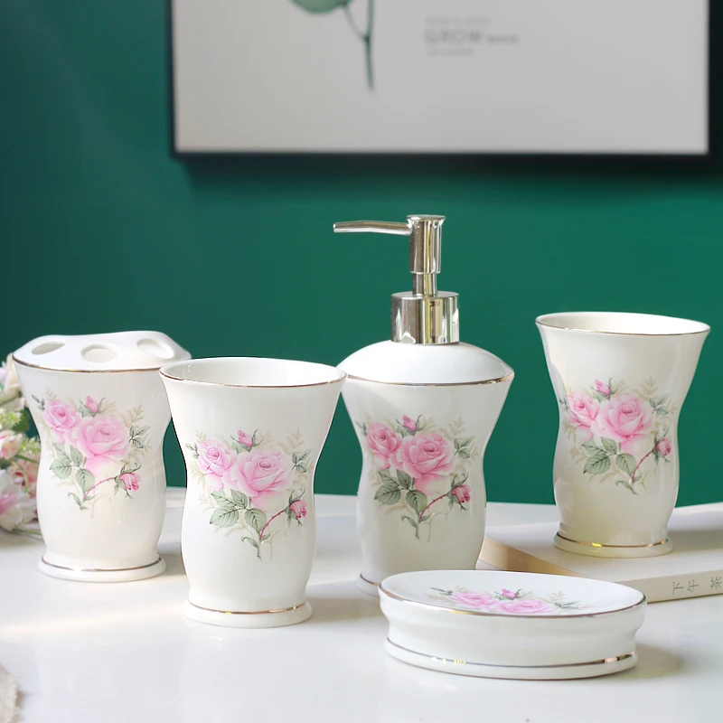 

5-Piece Ceramic Bathroom Set European-Style Wedding Dental Accessories Compatible Mouthwash Cups Bathroom Supplies