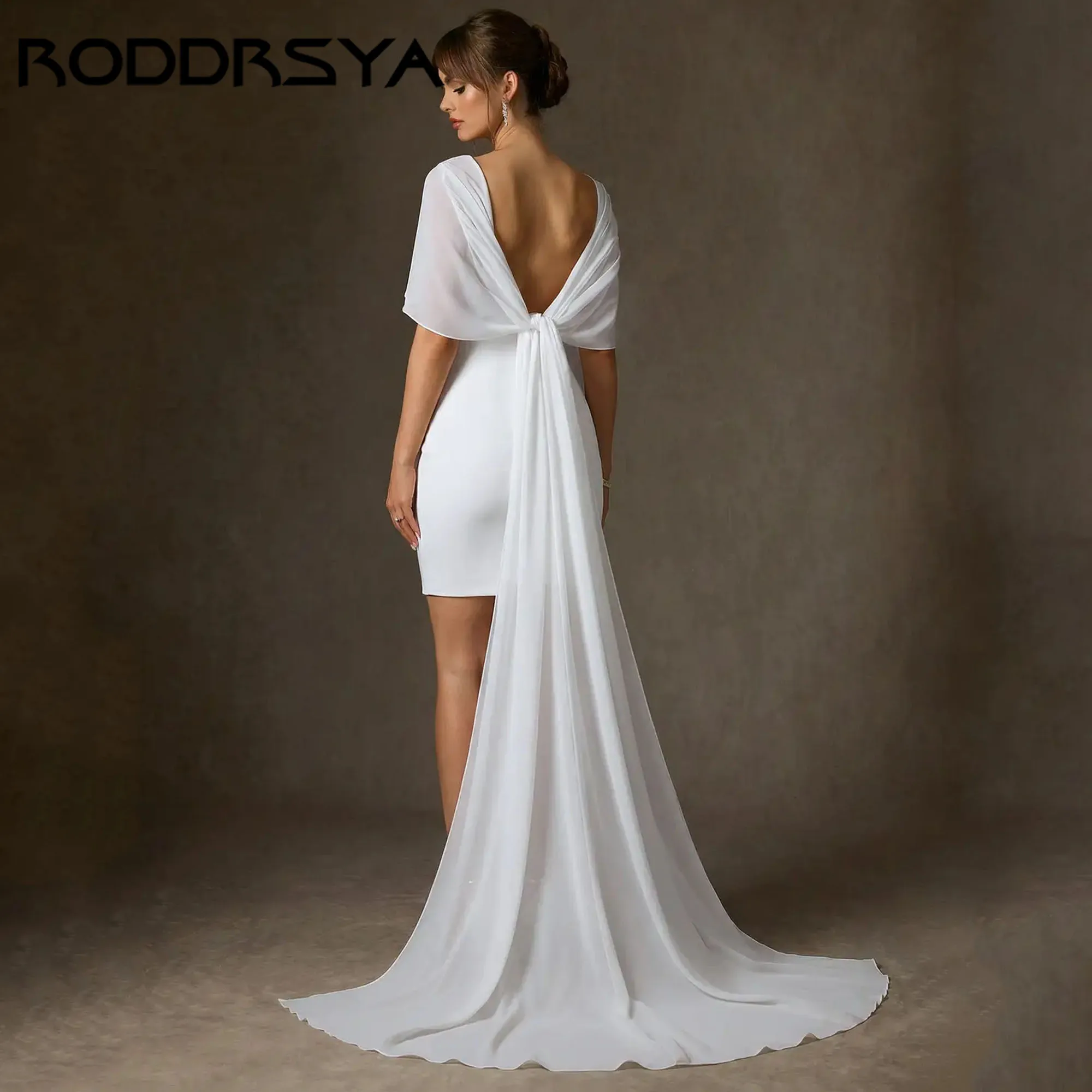 RODDRSYA Satin Mini Wedding Dress with Chiffon Shawl Sheath Party Gowns for Bridal V-Neck vestido de novia Backless Customized