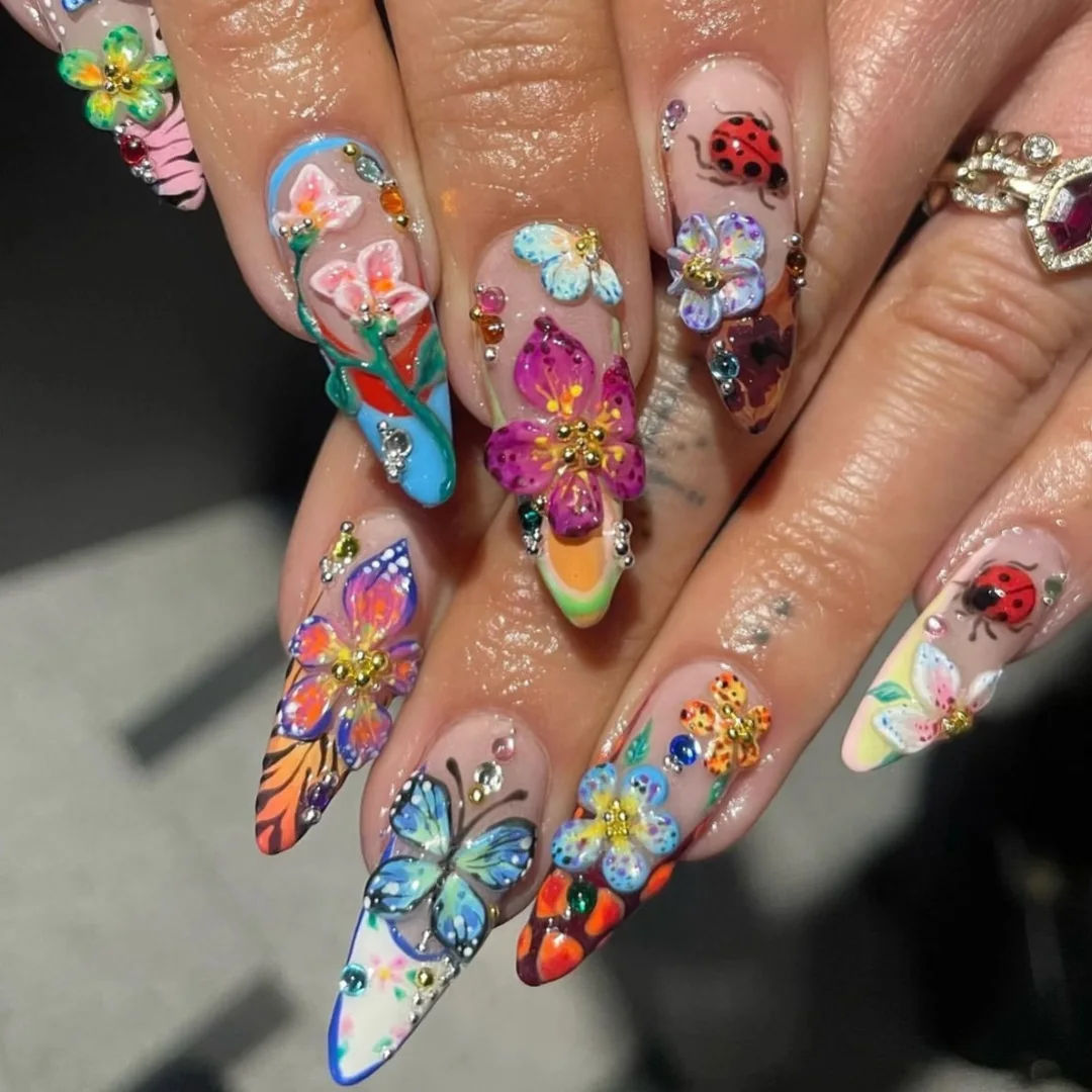 

24pcs Press on Nails Almond Colorful Gradient French Colorful Flower False Nail for Women&Girl Removable Wearable Nail Art