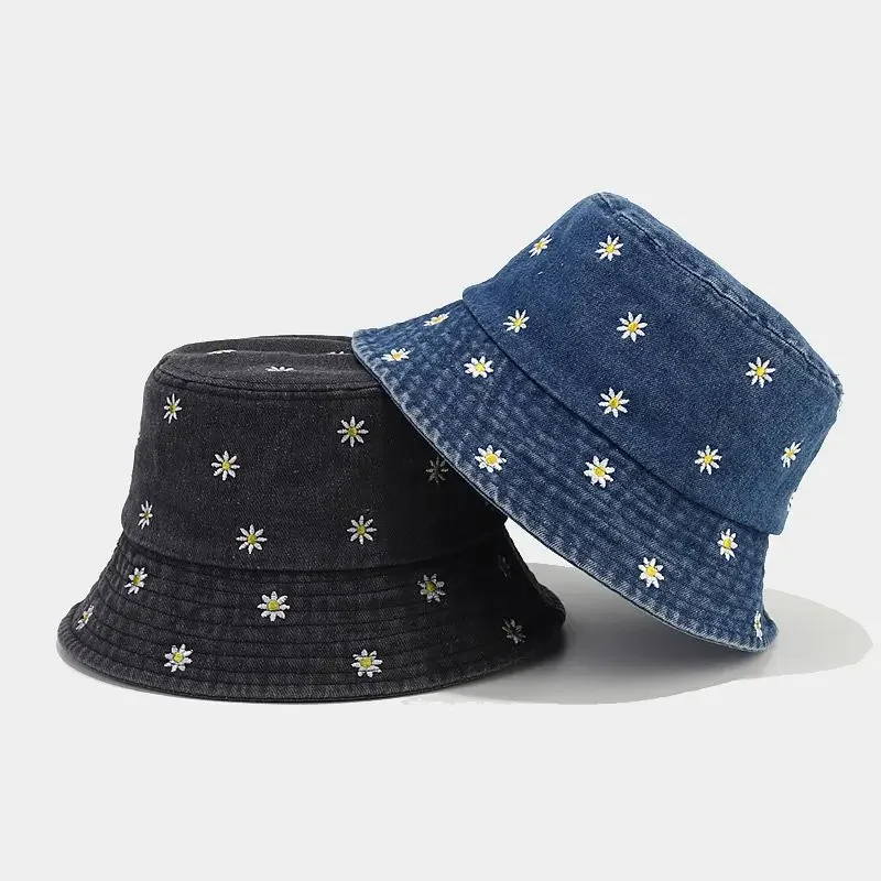 2024 Four Seasons Denim Flower Embroidery Bucket Hat Fisherman Hat Outdoor Travel Sun Cap for Men and Women