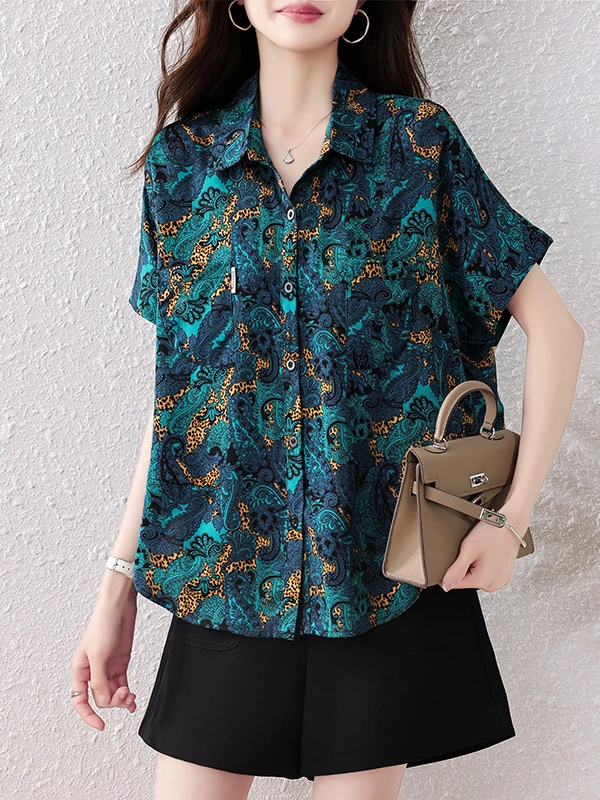 

Fashionable Printed Short Sleeve Shirt Women's Loose Slimming Summer 2026 Large Size Casual Mommy Style Top Quality Fabric