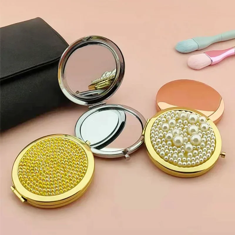 1PC Blingbling Rhinestone Makeup Mirror Mini Beauty Cosmetic Mirror Portable Double-Sided Folding Round Pocket Mirror