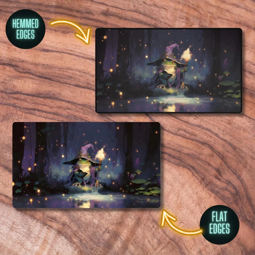 Frog Wizard TCG Playmat Purple Witch Hat Swamp Pond Firefly Night Forest Art Desk Mat Whimsical Fantasy Decor Gift for Gamers