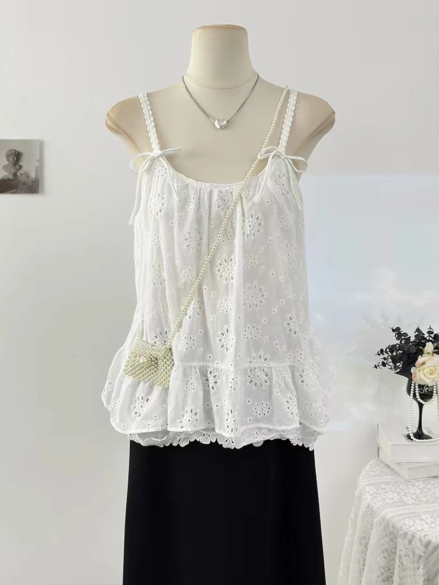 

plus Size Lace Hollow Embroidery Sleeveless Strap Vest Dress Women Summer Design Backless Top Breathable Loose Fit Polyester