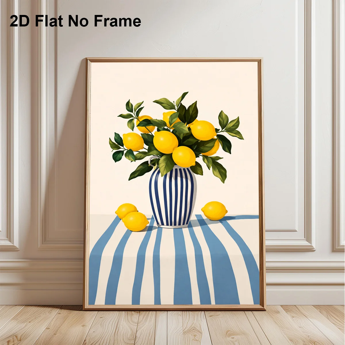 Frameless Canvas Poster Lemon Still Life with Yellow Lemons And Green Leaves in Blue Striped Vase on Table, Wall Art Canvas Pain