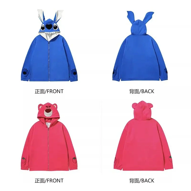 Disney Stitch Lotso Bear Men Hoodies Women Cartoon Hooded Sweatshirts Y2K Streetwear Hip Hop Thickened Zipper Loose Jacket Coats