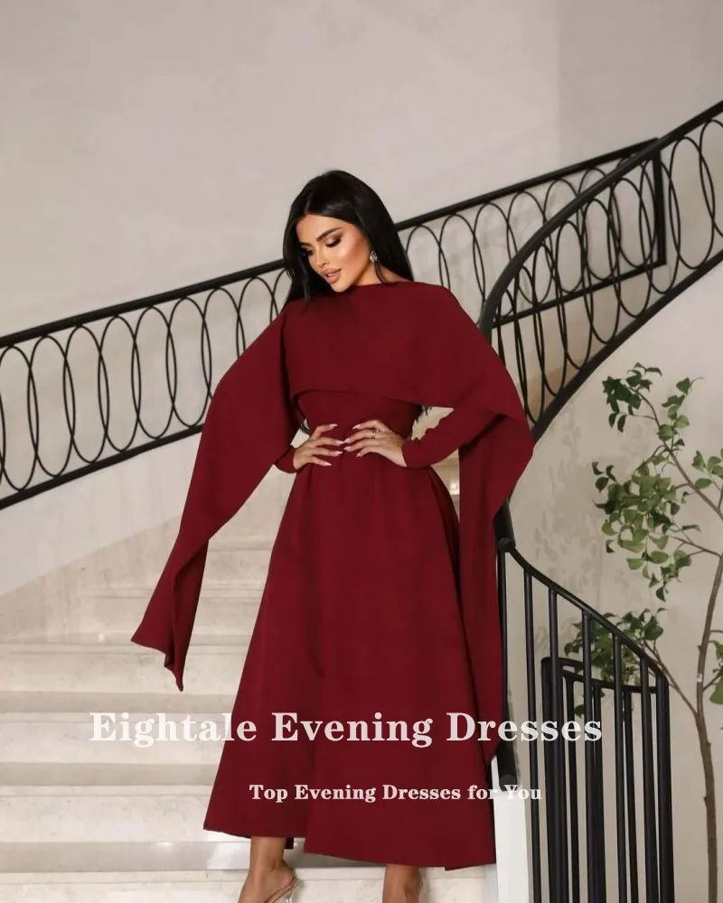 Eightale Arabisches Abendkleid für Hochzeit, Party, lange Ärmel, O-Ausschnitt, Burgunderrot, dehnbar, Meerjungfrau, individuelles Abendkleid
