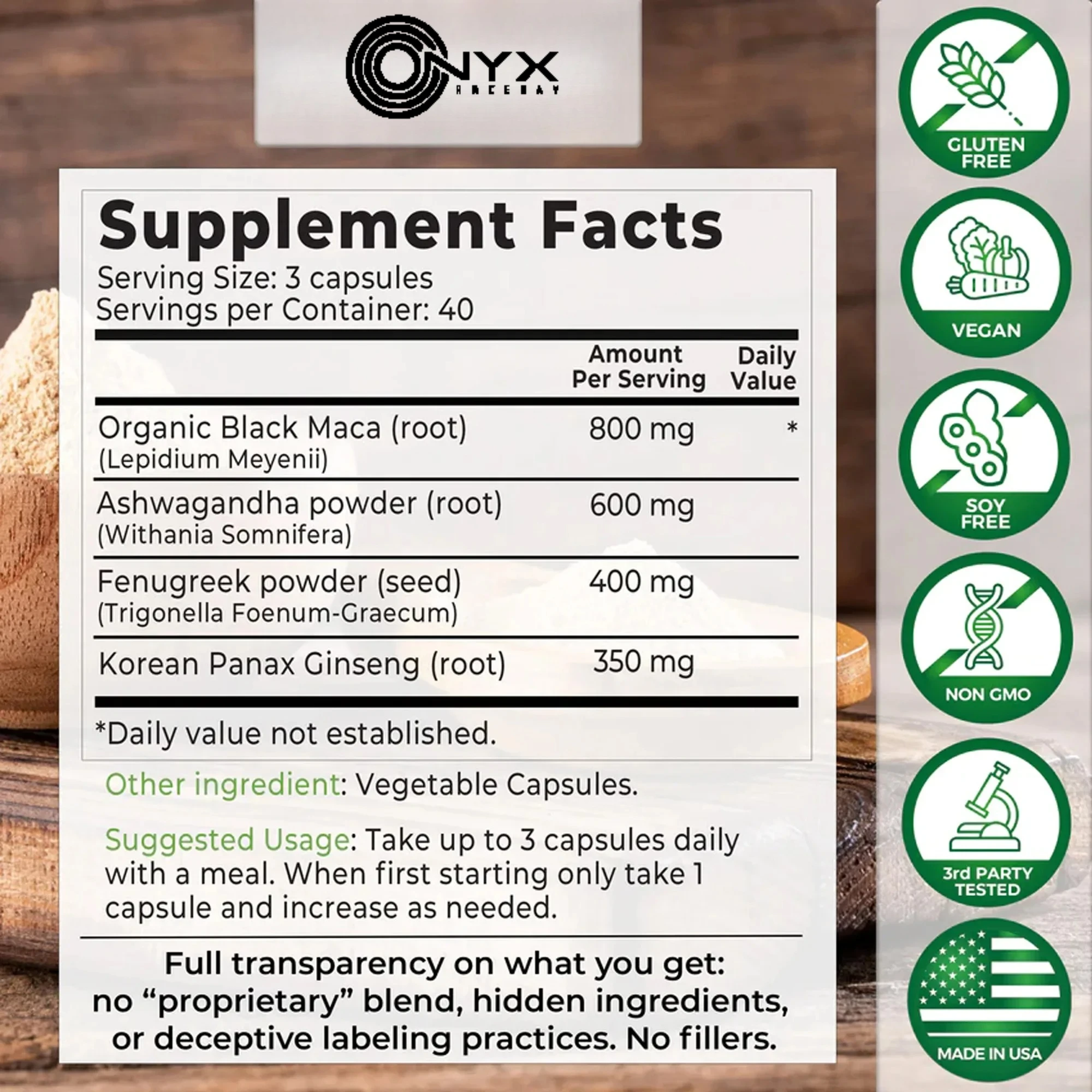 4-in-1 Organic Black Maca Root, Ashwagandha, Fenugreek, Panax Ginseng - Improve Endurance and Physical Fitness Capsules