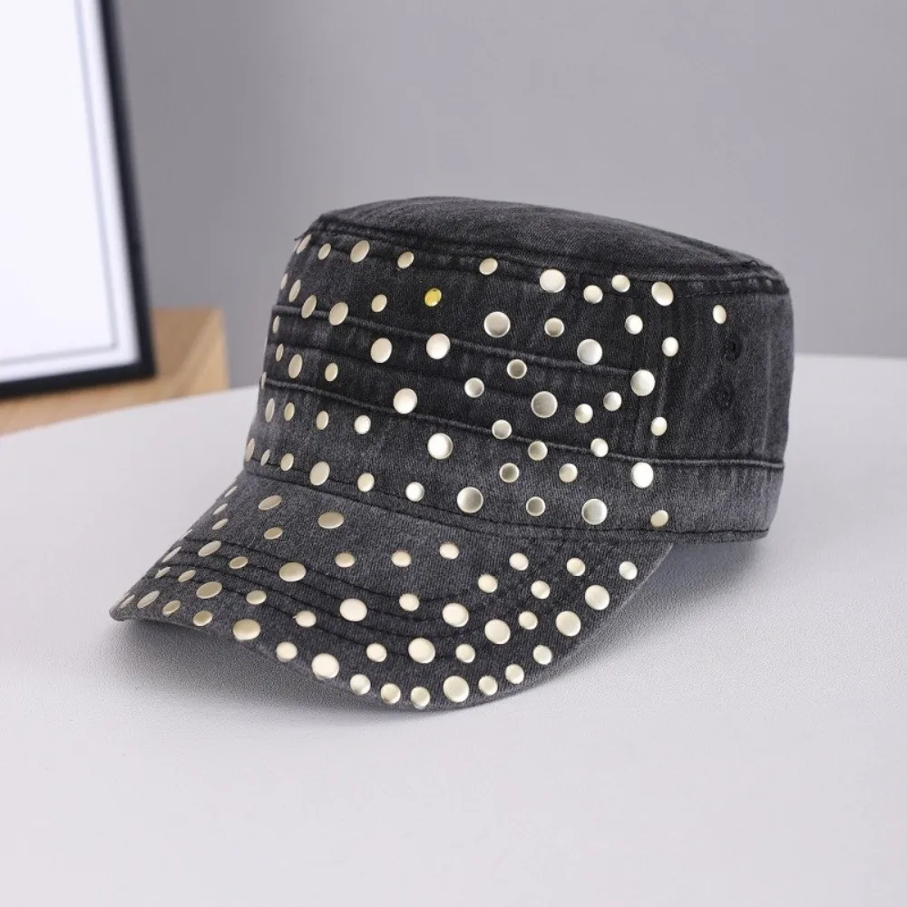 Vintage Washed Finish Flat Top Cap Rivet Decor Unisex Design Peaked Cap Visor Style Cotton Blend Distressed Cap For Adults