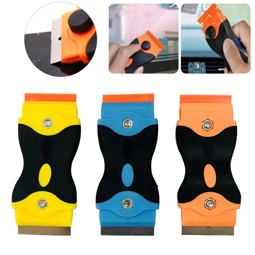 Double Head Scraper with Metal & Plastic Blades for Removing Paint Glue Stickers from Glass Walls Appliances - Orange