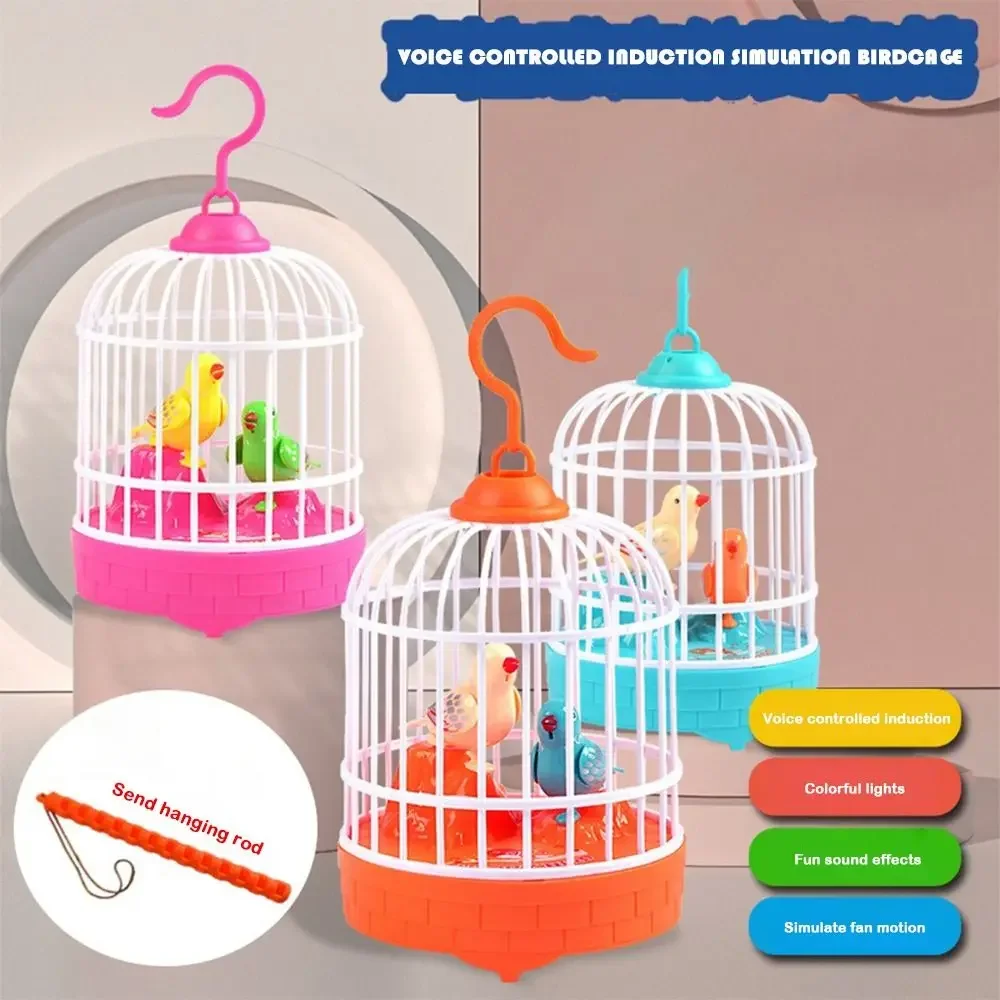 Novo controle de som gaiola de pássaro elétrica brinquedo realista voz luminosa eletrônico brinquedo para animais de estimação engraçado gaiola de papagaio crianças