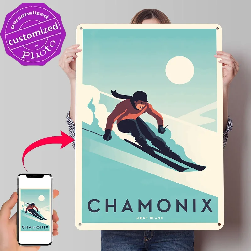 Chamonix Mont Blanc Ski 3D Printed Texture Poster Personalized Wall Art Retro Metal Tin Signs for Office Decoration Gaming House