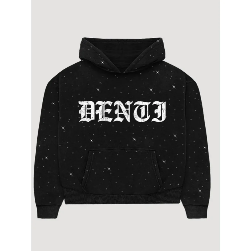 Alt Black Matching Set Sparkly Rhinestone Star DENTJ Gothic Font Cropped Hoodie High Waist Wide Leg Sweatpants  2pcs Outfit