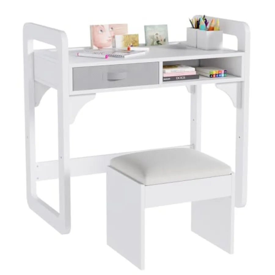 

Комплект стол и стул: учебный стол для мальчиков и девочек, деревянный письменный стол с тканевыми ящиками и подставкой для ручек, белый