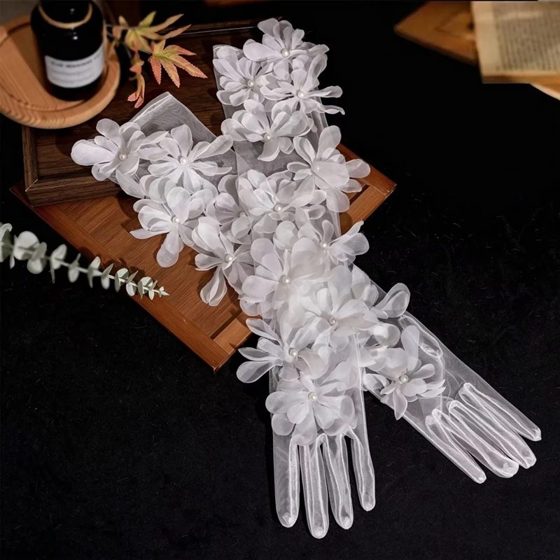 55cm Bridal Long Flower Pearl Tulle Gloves Decor Sheer Mesh Evening Party Gloves Wedding Dress Costume Accessory