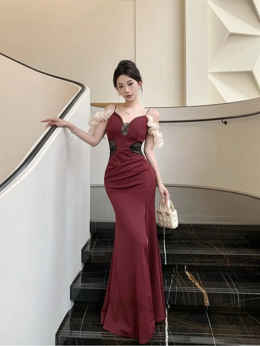 مثير عميق الخامس Ne الخصر حزام فقاعة Sve طويل عالية الشق الدكتور ثوب مسائي الملابس النسائية الصيف العصرية