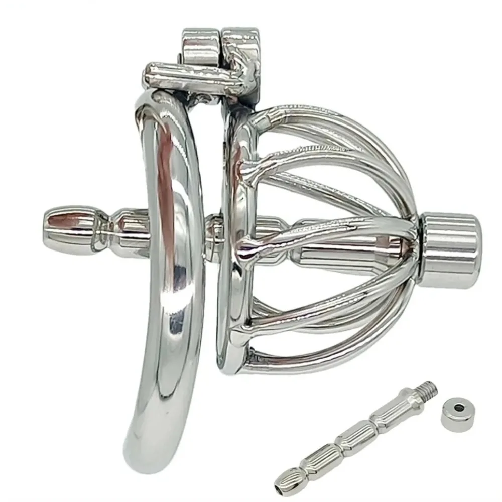 Stainless Steel Screw Locking Chastity Cage Removable Catheter Curve Breathable Cock Ring Penis  Lock Restrain Cock Cage