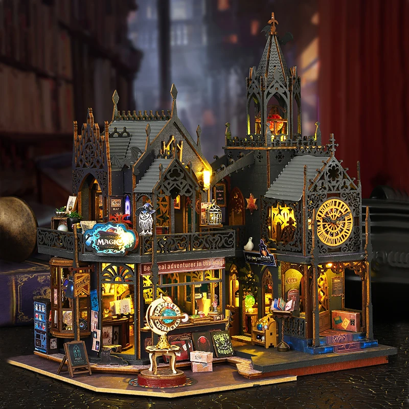 Zestaw DIY Drewniany Mini Domek dla Lalek Magiczne Miasto Puzzle 3D Model Pokoju do Składania Zabawki Dekoracja Domu Domek dla Lalek na Prezent Świąteczny