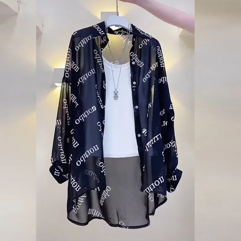 Ice Silk Women's Summer Shawl Outerwear Air Conditioned Cardigan Letter Print Chiffon Sun Protection Light Jacket Spring Autumn