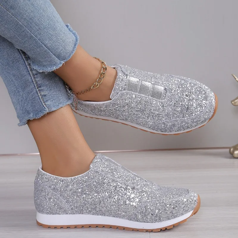 2024 Autumn New Fashion Slip-on Low-heeled Women\'s Sneakers Gold Silver Trend Sport Shoes Ladies Outdoor Casual Walking Shoes