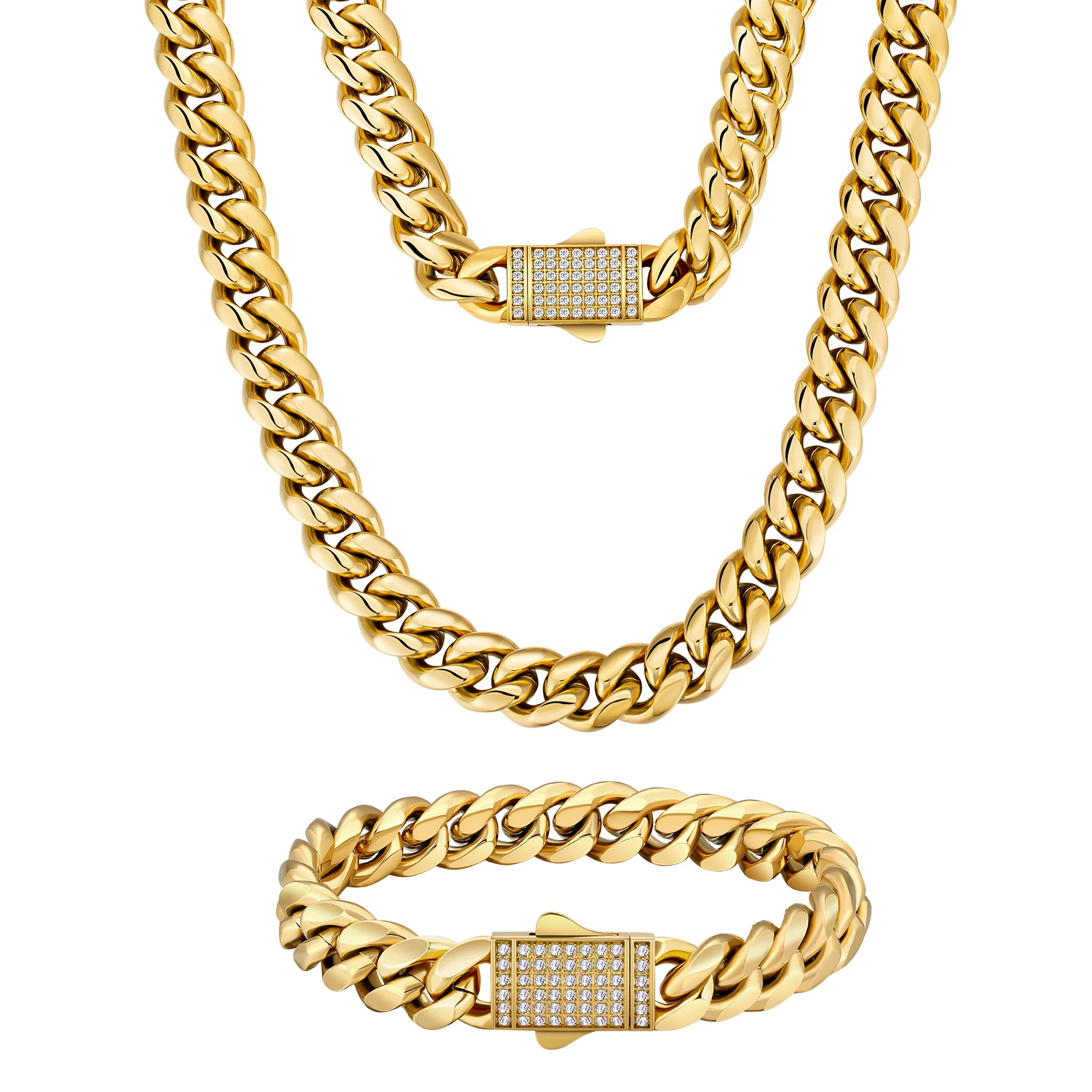 

Double-sided Iced Out Clasp Necklace 18K REAL Gold Stainless Steel 12mm Miami Cuban Link Chain CZ Hip Hop Jewelry for Men Women