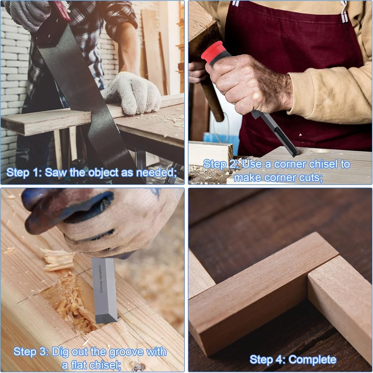 Набор долот по дереву ABXHH с 3 защитными колпачками. Квадратные врезные долота с нескользящей ручкой для дверных рамок.