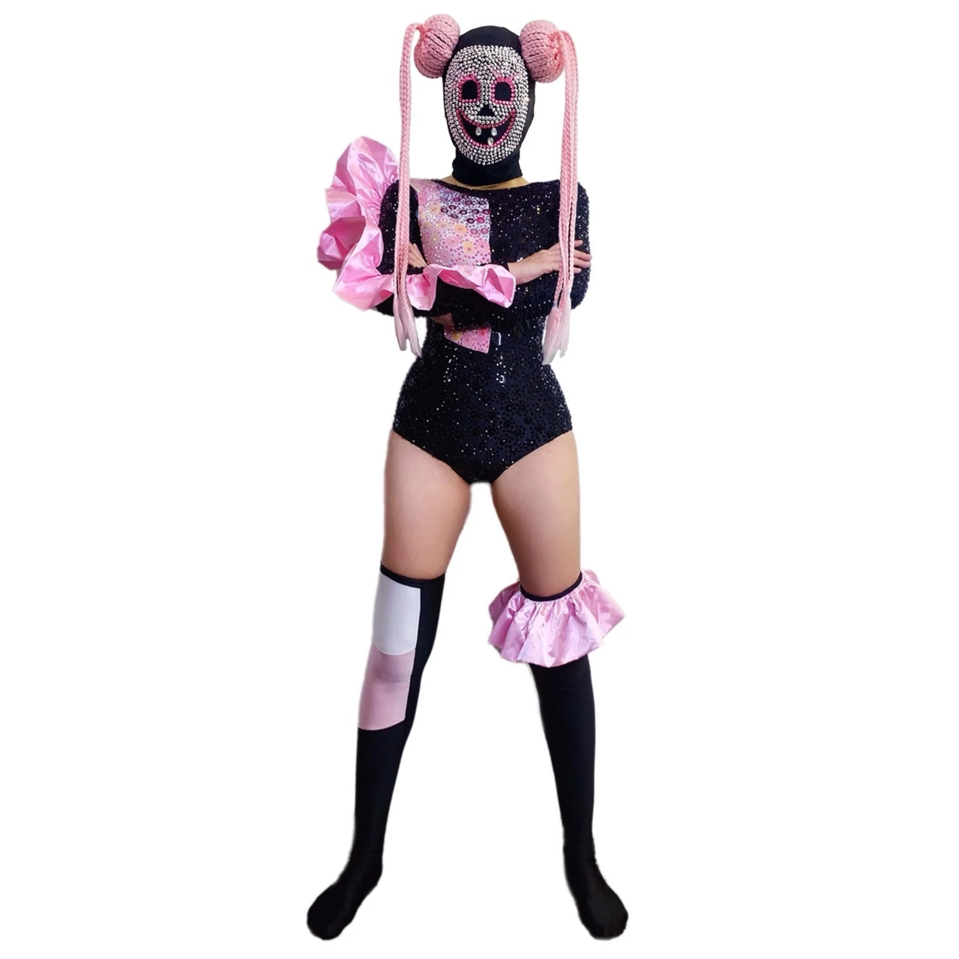 

Фестивальный наряд на Хэллоуин, ночной клуб, DJ-бар, боди с бриллиантами, Хэллоуин, преувеличенный головной убор, комбинезон, сценические костюмы GOGO DN21361