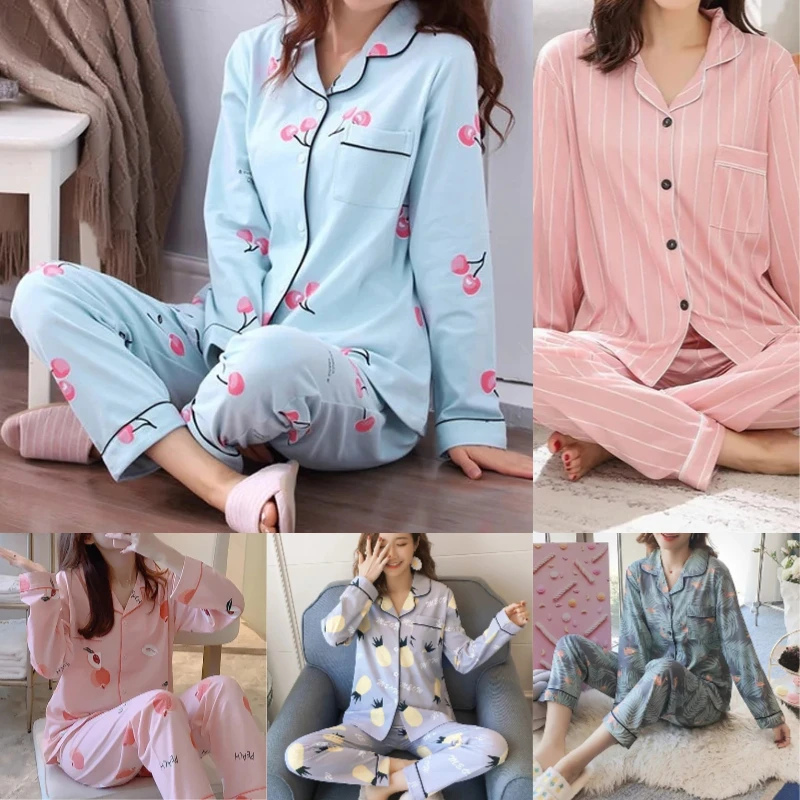 2PCS/Set Maternity Pyjamas Spring Autumn Pregnant Women's Long-Sleeved Homewear Cotton Cherry Printed Lapel Loungewear Nursing