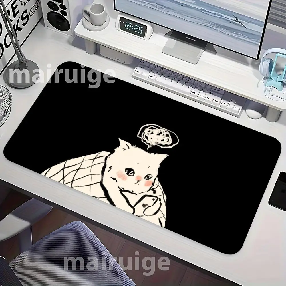 Cartoon Cat Black Mouse Pad Large Computer Office Game Table Mat XXL Rubber Anti-slip Stitched Edge Keyboard Mats Long Desk Pads