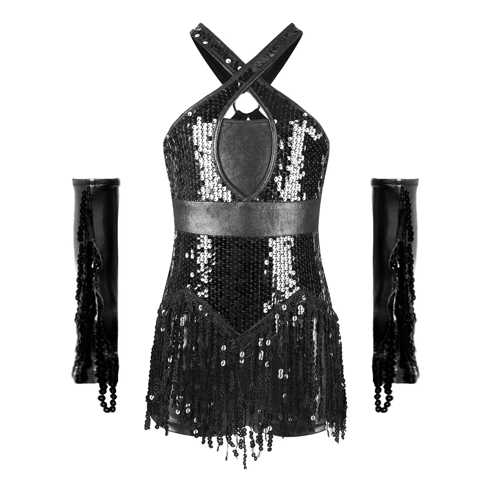 Kinderen Meisjes Latin Salsa Dansvoorstelling Kostuum Cha-Cha Jazz Outfit Sparkly Pailletten Kwastje Turnpakje met Lovertjes Kwastjes Handschoenen