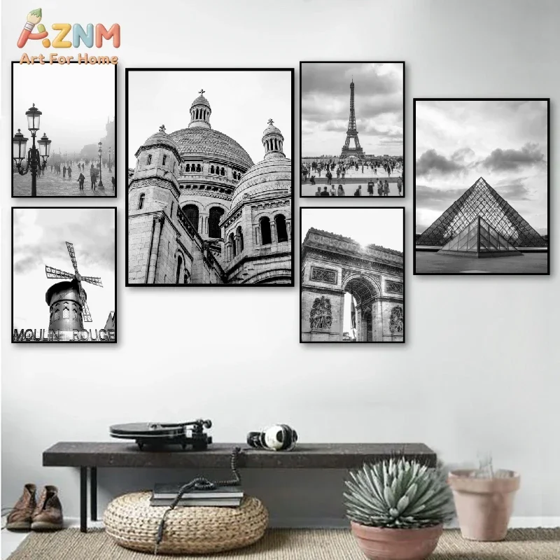 AZNM Black White Paris Landmark Canvas Wall Art, Eiffel Tower Louvre Arc De Triomphe Vintage City Scenery Home Living Room Wall
