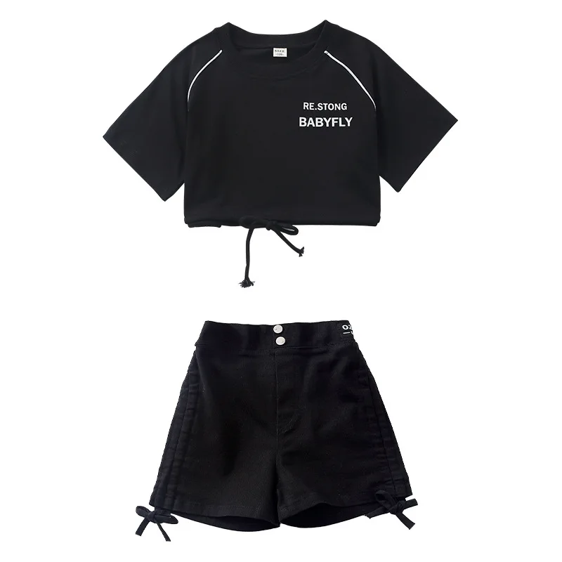 Kid Cool Hip Hop Kleidung Weiß Schwarz Crop Top T Shirt Street Side Kordelzug Geraffte Shorts für Mädchen Jazz Dance Kostüme Kleidung