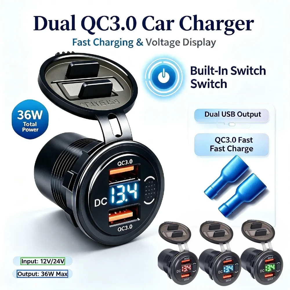 Dual QC3.0 USB Car Charger Socket With Button Switch Digital LED Voltmeter 12V 24V Fast Charging Adapter Outlet For Car Boat RV