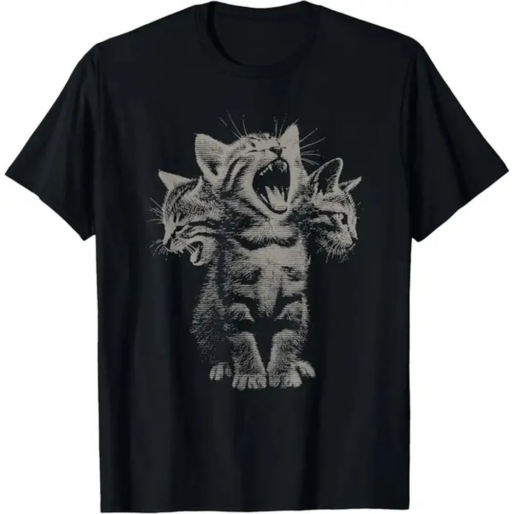 Cotton Graphic Tees Streetwear Gifts 3 Headed Cat Funny Vintage Grunge y2k 90s Kitten T-Shirt Casual Round Neck