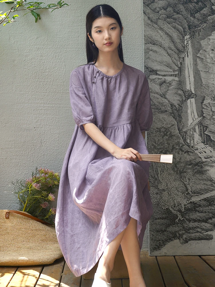 

Summer Cotton Lin Long Dr Purple Romantic Loose Artistic Sle Chinese Traditional Qipao Dr Four Feathers Brand