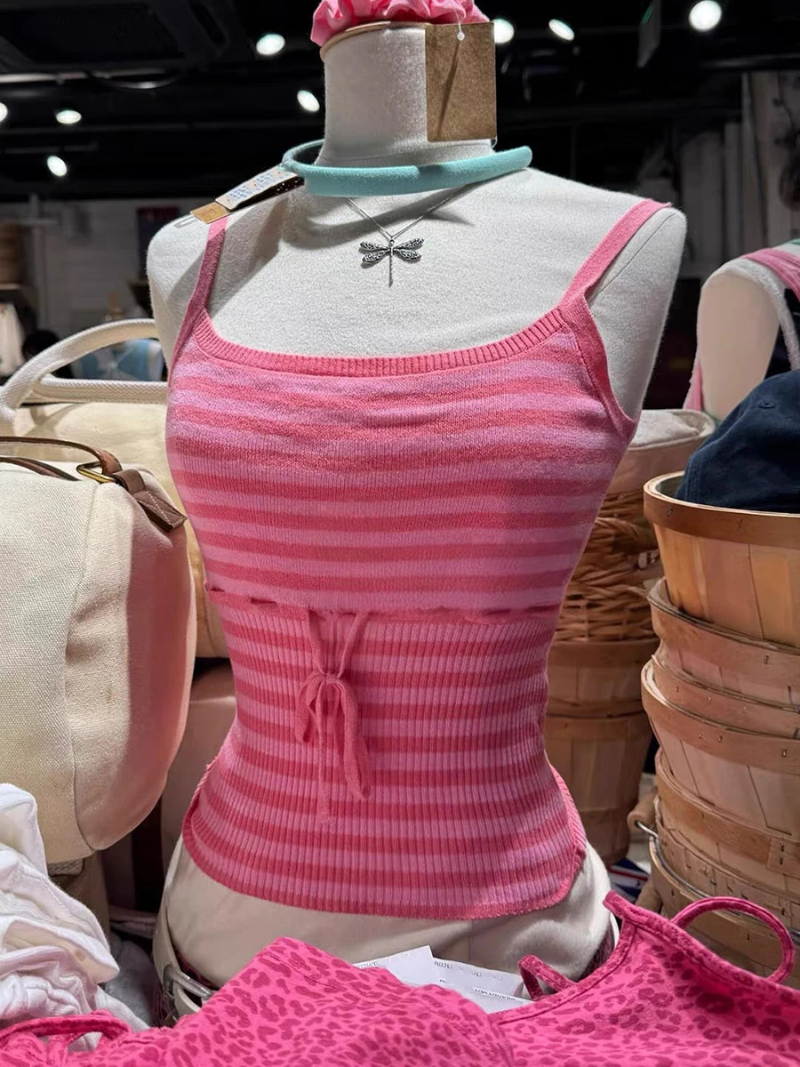 Pink Striped Lace-up Knitted Tank Tops Women Summer Simple All-match Cotton Sleeveless Vests Sweet Casual Preppy Style Camisole